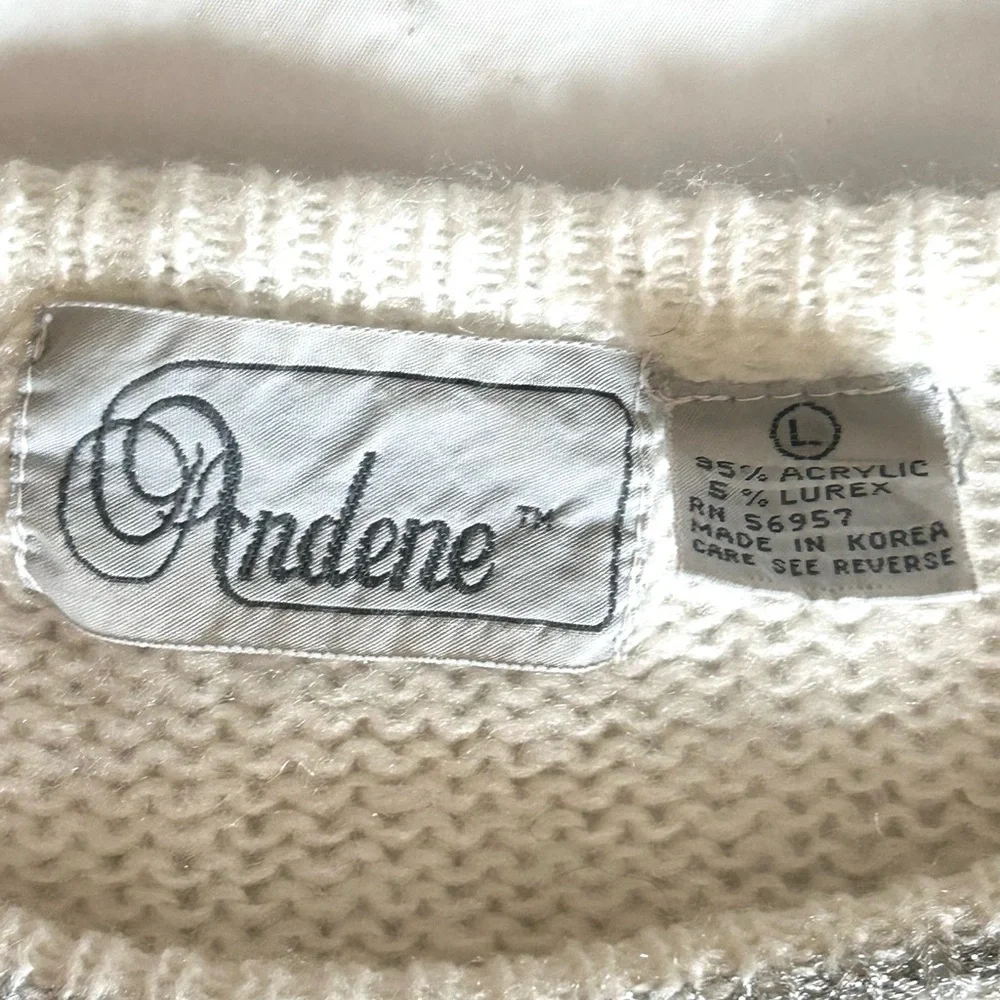 Vintage 80s Women's Cream Open Knit Sweater L Pearl Applique Embellishment